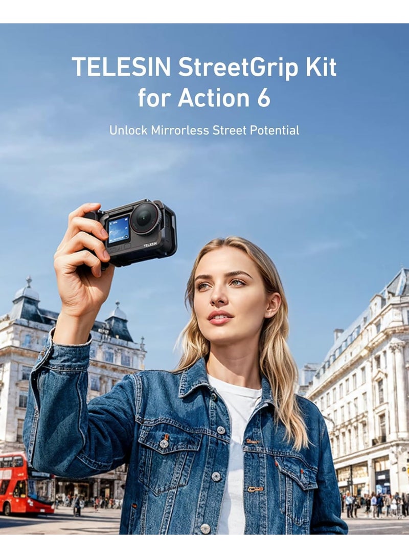 تيليسن طقم مقبض الشارع المعدني المصنوع من سبائك الألومنيوم من TELESIN لطائرة DJI Action 6، مزود بحامل مقبض كاميرا بقفص معدني وزر غالق متأرجح، وغطاء من سبائك الألومنيوم، وفتحة لبطاقة ذاكرة TF احتياطية، وإمكانية الوصول السريع إلى البطارية. - Image 2